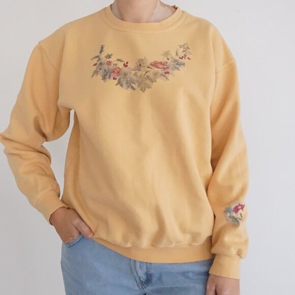 Vintage Northern Reflections Mustard Yellow Floral Print Crewneck Sweater M - Picture 1 of 10